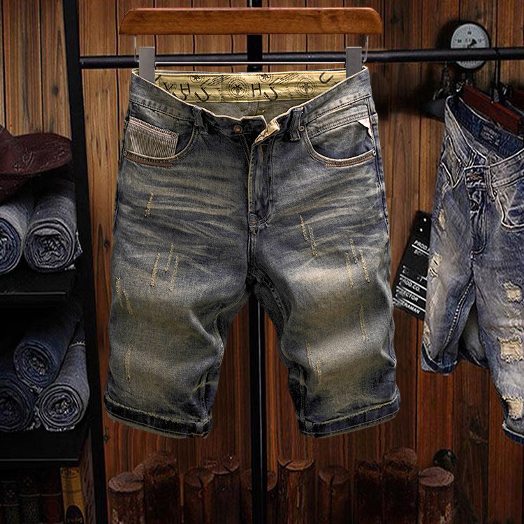夏季新款牛仔短裤男复古做旧刮烂潮牌五分裤男修身直筒中裤百搭