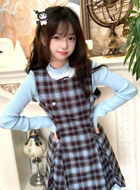 NTOT套装_单件法式甜美千金风复古格纹收腰背心裙女学生秋季+蓝色