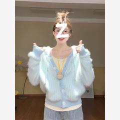 NTOT清新少女浅蓝双色仿貂毛针织连帽开衫秋冬宽松慵懒软糯毛衣外