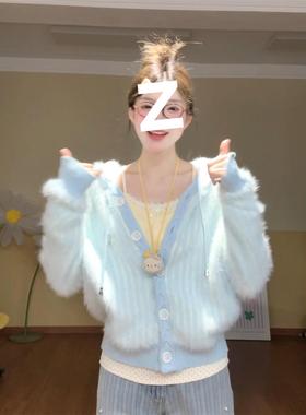 NTOT清新少女浅蓝双色仿貂毛针织连帽开衫秋冬宽松慵懒软糯毛衣外