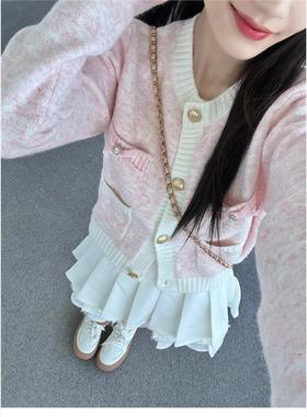 NTOT甜美小香风粉色设计感针织衫女秋季新款时尚高级感减龄开衫外