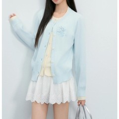 NTOT韩系氛围感蓝色假两件针织开衫女2025秋冬新款立体花朵装饰毛