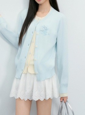 NTOT韩系氛围感蓝色假两件针织开衫女2025秋冬新款立体花朵装饰毛