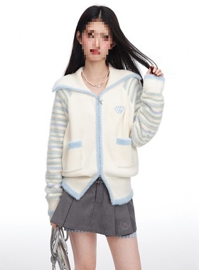 NTOT原创设计条纹拼接型大翻领毛衣女秋冬拉链针织开衫爱心刺绣外