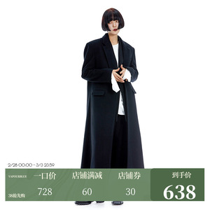 VAPOURBLUE黑色毛呢大衣女冬季设计感羊毛绒中长款加厚呢子外套
