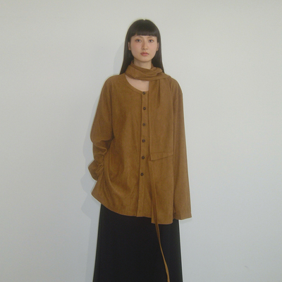 VAPOURBLUE原创 麂皮绒衬衫男女同款加厚设计感上衣别致围巾衬衣