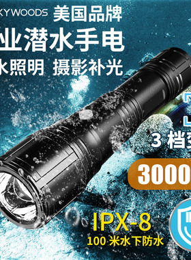 SKYWOODS专业潜水强光手电筒可变焦防水夜深潜照明水肺充电手电筒