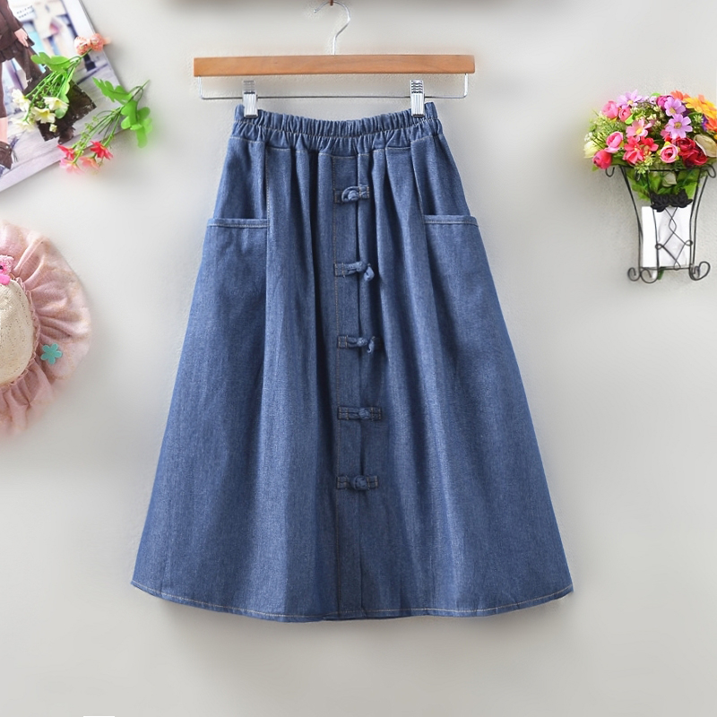 复古盘扣松紧腰口袋牛仔半身裙夏