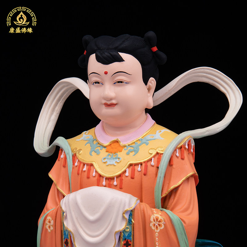 纯铜敦煌彩金童玉女摆件善财佛像