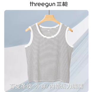 上衣打底衫 三枪背心女士宽松条纹外穿内搭针织中老年宽肩遮肉无袖
