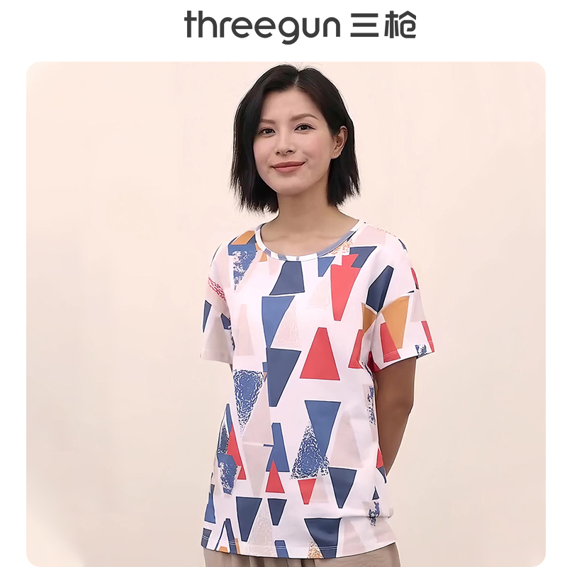 三枪短袖女纯棉印花宽松简约中老年妈妈背心薄款全棉透气T恤汗衫