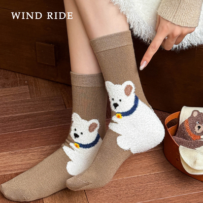 绵羊毛植绒冬季加厚保暖中筒女袜