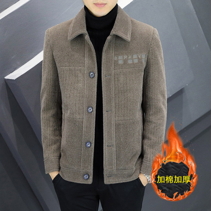 智快鱼官方旗舰店男装木三福羽绒服毛呢外套短款韩版休闲呢子大衣