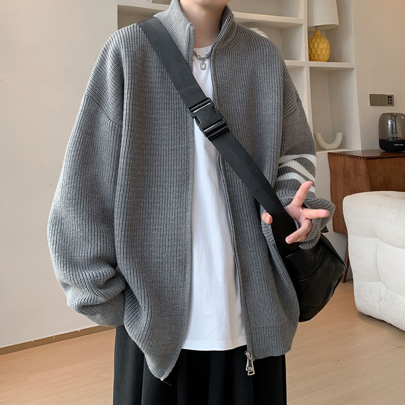 智快鱼官方旗舰店男装木三福黑色条纹针织开衫毛衣外套男士春秋款