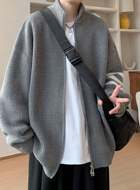 智快鱼官方旗舰店男装木三福黑色条纹针织开衫毛衣外套男士春秋款