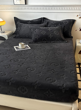 新款纯黑色无静电冬季保暖柔软单件床笠牛奶绒防寒全包床套三件套