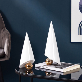 简约几何体白色圆锥三角形金圆球陶瓷艺术摆件高级感艺术软装饰品