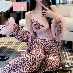 米娅林纯欲风粉色豹纹蕾丝家居服三件套女性感吊带羽毛外袍套装