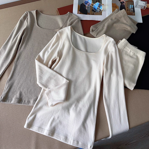 惠芝欣6668女秋冬羊绒磨毛保暖内衣套装简约方领恒温发热秋衣秋裤