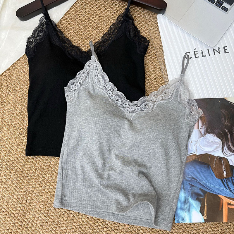 木森女人25022秋冬醋酸羊绒一体杯蕾丝背心显瘦百搭叠穿内搭吊带