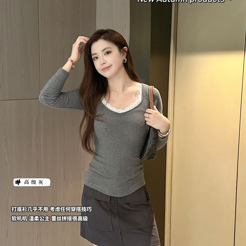 显瘦百搭法式赫本领蕾丝打底衫