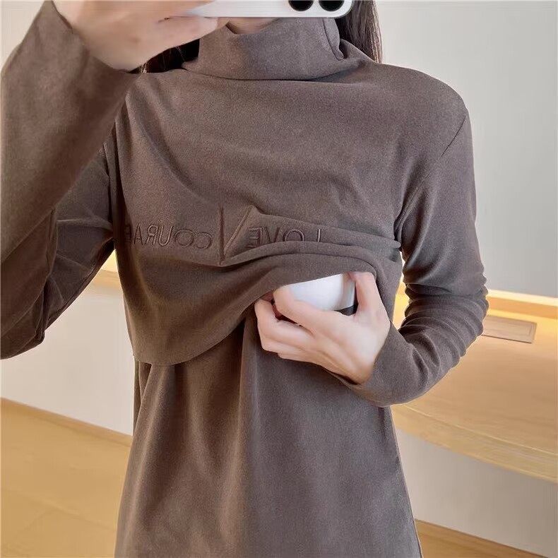 清仓长袖哺乳衣打底衫春秋产后喂奶上衣半高领哺乳秋衣产后月子服