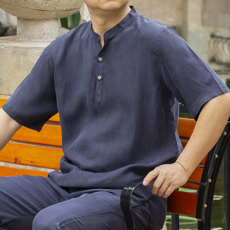 男士休闲T恤真丝短袖上衣宽松凉爽V领重磅半袖冰丝薄款大码套装潮