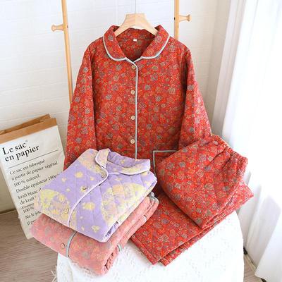 加厚纯棉空气棉色织提花家居服女