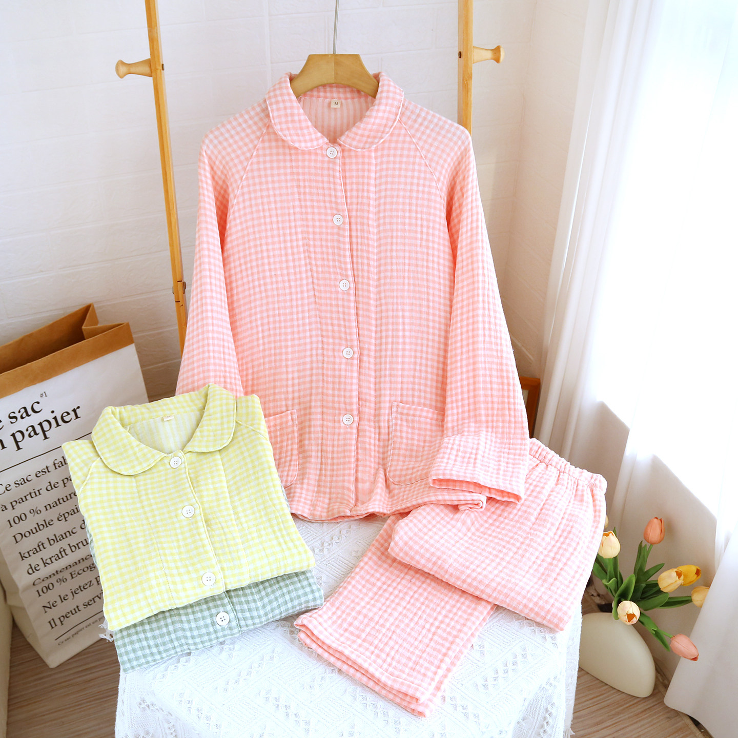 无印四层纱布纯棉睡衣女秋冬新款情侣加厚高档全棉日系格子家居服