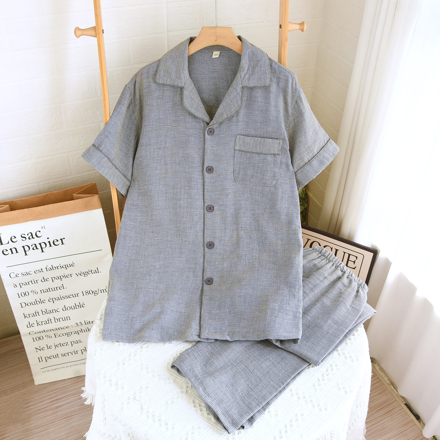 新款纯棉双层纱布睡衣男士夏季薄款短袖长裤日系格子风家居服套装