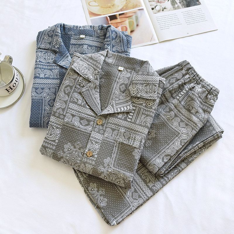 新款复古提花春秋季男士睡衣长袖纯棉双层纱布薄款宽松家居服套装,女士内衣/男士内衣/家居服,睡衣/家居服套装,淘宝优惠券,粉丝福利购,淘宝优惠卷