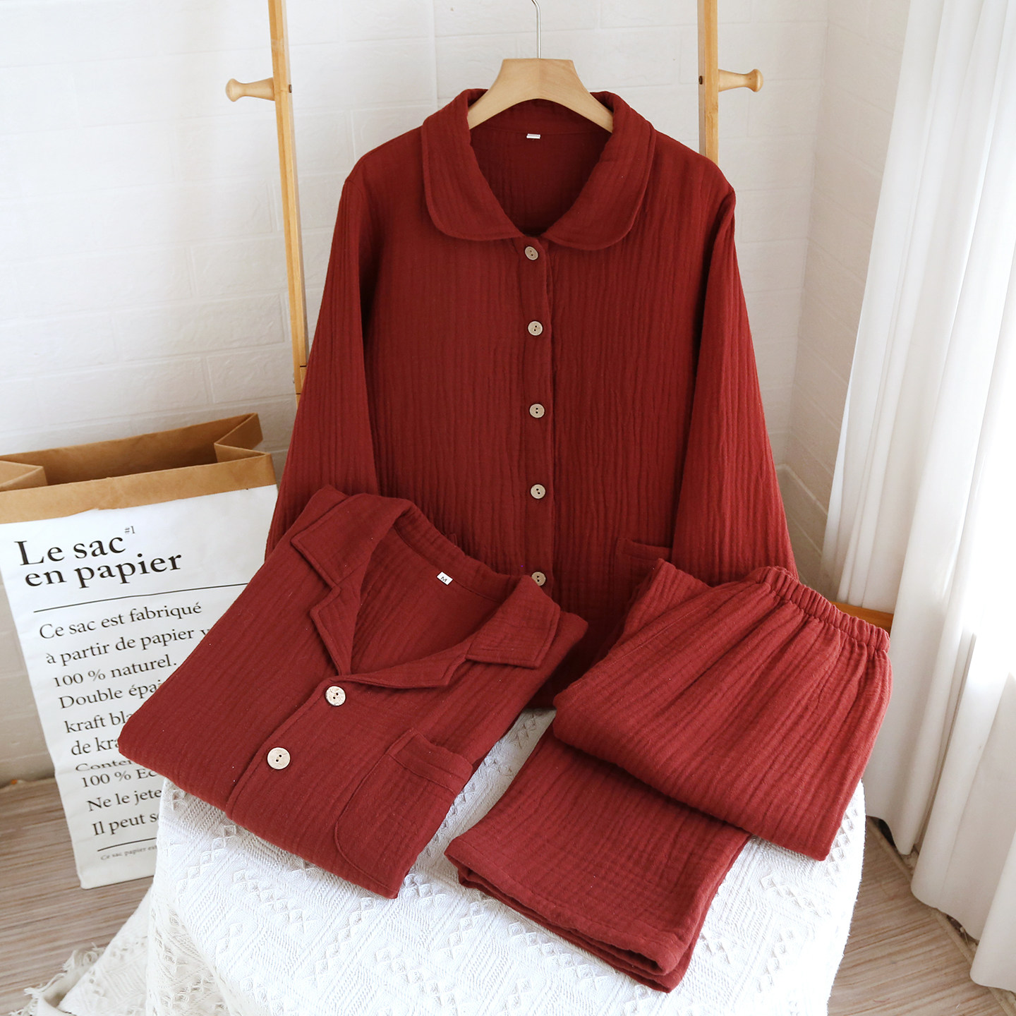 新款纯棉四层纱情侣睡衣套装女士春秋季高档酒红色全棉纱布家居服,女士内衣/男士内衣/家居服,睡衣/家居服套装,淘宝优惠券,粉丝福利购,淘宝优惠卷