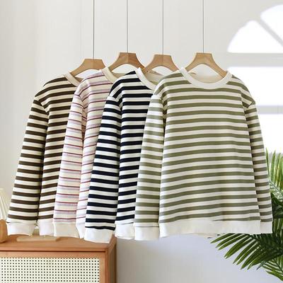 日系条纹针织棉加厚加绒睡衣上衣