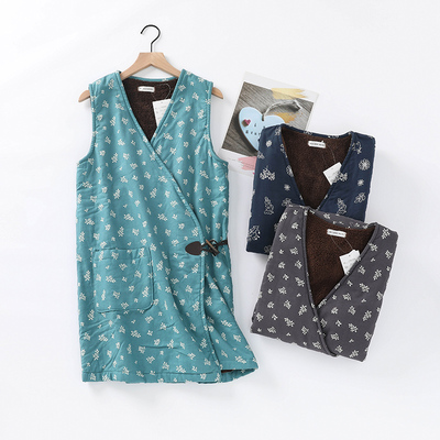睡衣纯棉加绒马甲中长款家居服