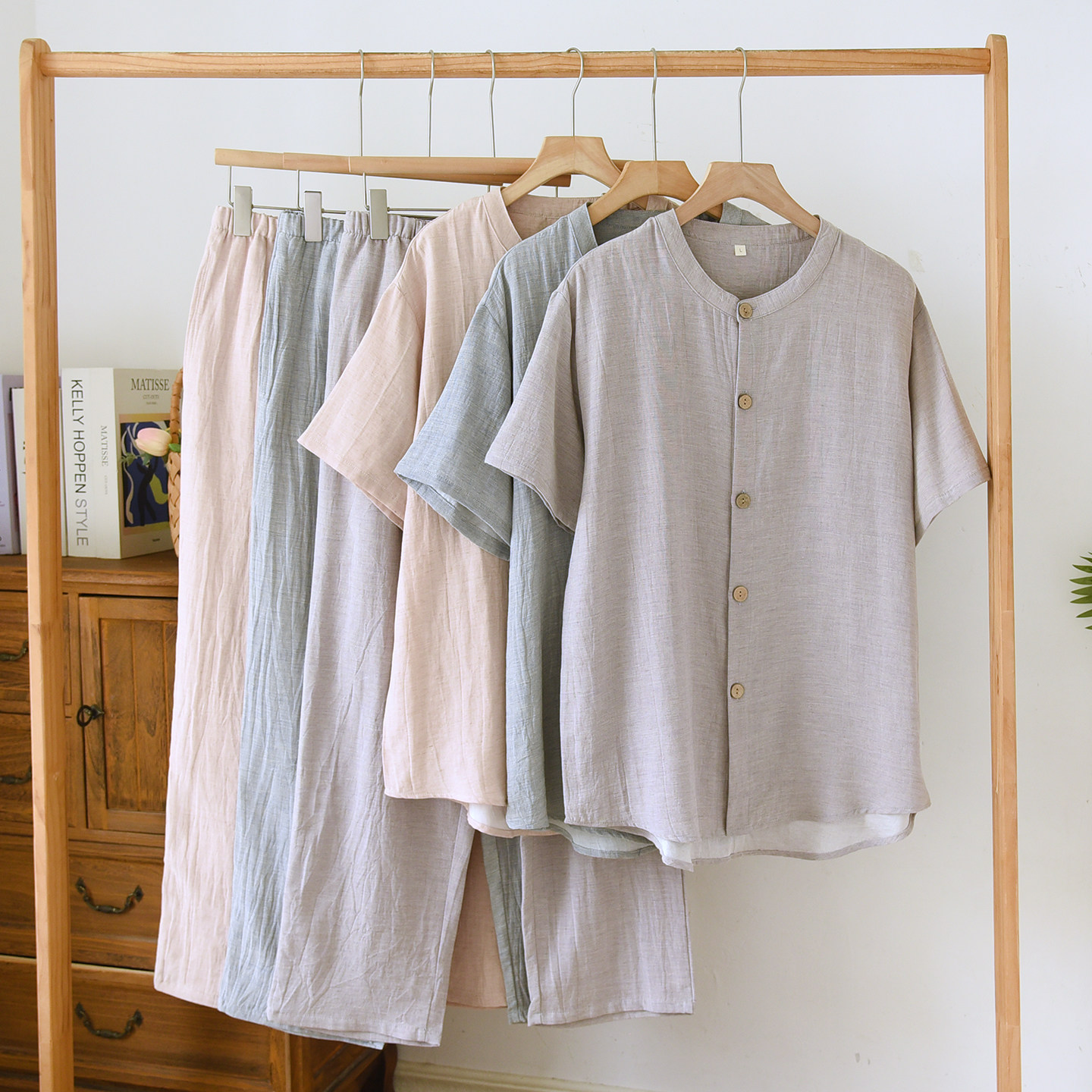 新款日系简约棉麻睡衣男士夏季薄款无印风短袖长裤亚麻家居服套装