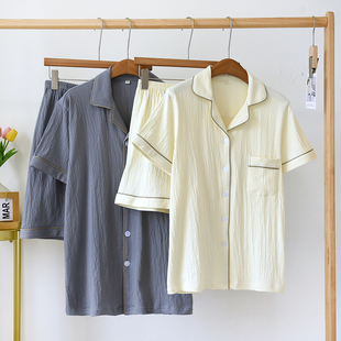 宽松简约开衫 情侣睡衣女夏季 短裤 纯棉绉布针织棉短袖 家居服夏 男士