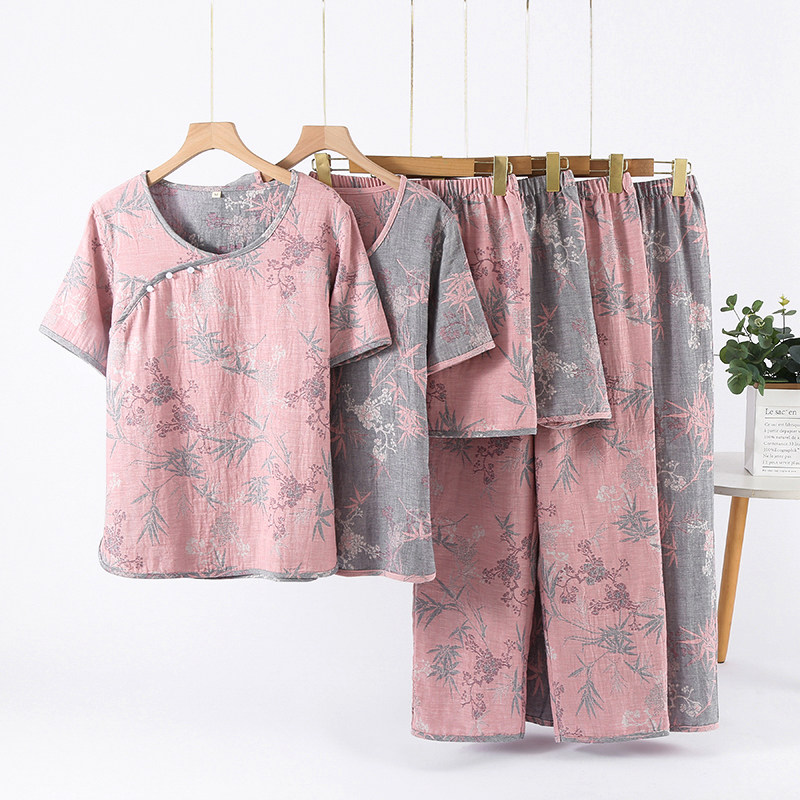 新款国风盘扣睡衣女春夏薄款纯棉纱布复古风提花短袖长裤三件套装,女士内衣/男士内衣/家居服,睡衣/家居服套装,淘宝优惠券,粉丝福利购,淘宝优惠卷