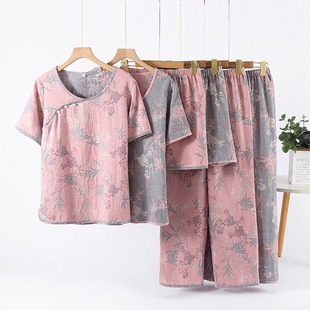 新款国风盘扣睡衣女春夏薄款纯棉纱布复古风提花短袖长裤三件套装