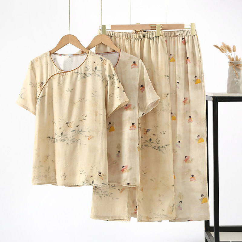 复古盘扣睡衣女夏季薄款纯棉双层纱布短袖长裤中式古典优雅家居服,女士内衣/男士内衣/家居服,睡衣/家居服套装,淘宝优惠券,粉丝福利购,淘宝优惠卷