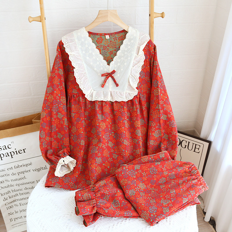 新款复古提花女士睡衣春秋纯棉纱布家居服甜美蕾丝花边公主风套装,女士内衣/男士内衣/家居服,睡衣/家居服套装,淘宝优惠券,粉丝福利购,淘宝优惠卷