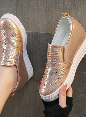 春秋皮面厚底41大码鞋内增高6CM坡跟乐福鞋水钻运动鞋银色单鞋女