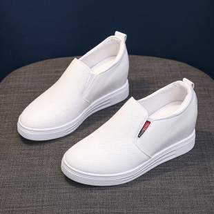 白色护士鞋 坡跟小白鞋 内增高6CM洞洞镂空乐福鞋 鞋 一脚蹬 厚底大码