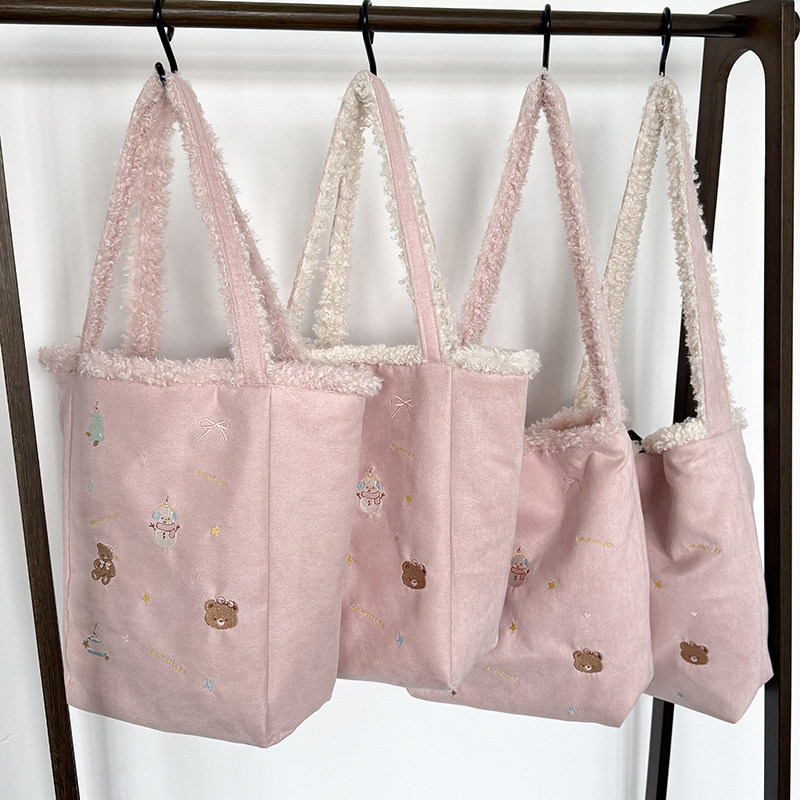 可爱小熊刺绣托特包女大容量手提单肩包粉色毛绒质感包包,箱包皮具/热销女包/男包,通用款女包,淘宝优惠券,粉丝福利购,淘宝优惠卷