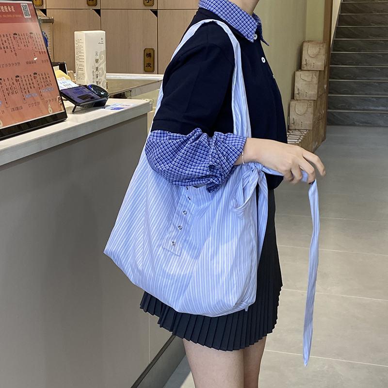 唐糖包袋/春夏蓝色条纹托特包休闲百搭大容量单肩手提帆布包包女