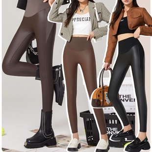 哑光PU皮裤2025新款女秋冬薄绒九分打底裤高腰提臀紧身显瘦小脚裤