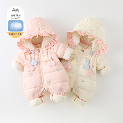 婴儿冬季连体衣加绒加厚冬装宝宝公主哈衣爬服新生儿外穿棉衣外套