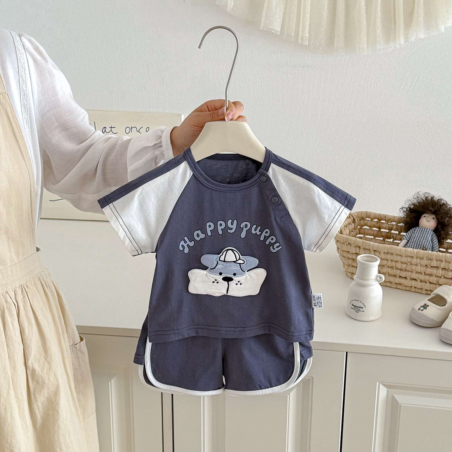 婴儿运动服套装男小童短袖宽松T恤洋气韩版两件套男宝宝外出衣服