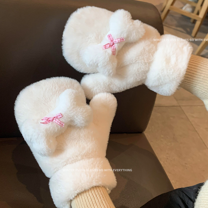 新款毛绒手套女秋冬季可爱挂脖保暖女生加绒加厚防寒骑车棉手套