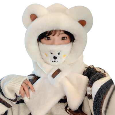 小熊帽子女冬季围巾连帽一体保暖