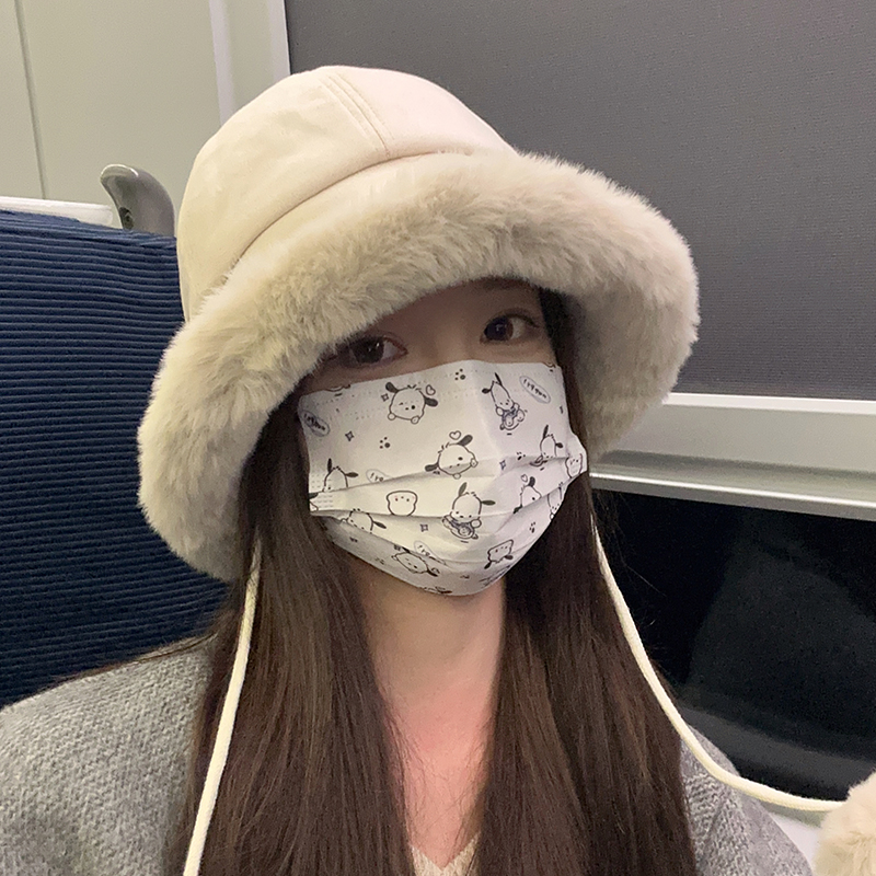 毛绒渔夫帽女生冬季加厚系带